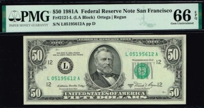 $50 1981A  San Francisco  FRN. TOP POP GEM NOTE. PMG 66 EPQ. Pop: 2/0 - Image 1 of 3
