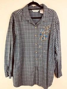 Victoria Jones Woman 4X Button Up Plaid Floral Blouse Shirt Plus Embroidered - Picture 1 of 6