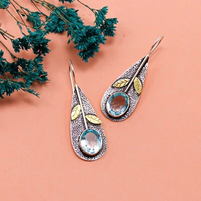 天蓝色黄玉宝石珠宝黄金妈妈礼物吊坠/吊坠耳环2 — 第 1/4 张图片