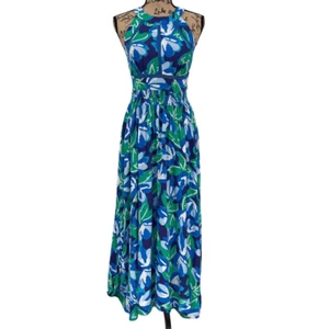 Abel The Label Halter Maxi Dress Sleeveless Open Back Blue Green Floral Small - Picture 1 of 8