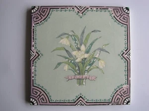 ANTIQUE VICTORIAN MINTON HOLLINS 8" SQ. FLORAL SEASONS TILE - SPRING (SNOWDROPS) - Picture 1 of 4