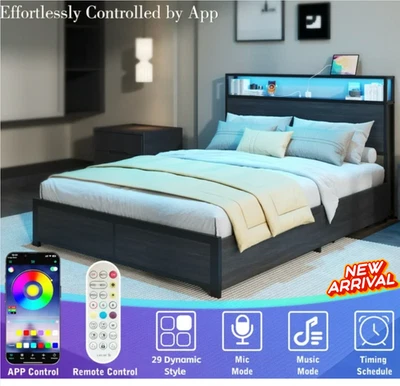 Marco De Cama FULL Size Plataforma De Madera Cama Cabecera LED Gris Con Cajones - Image 1 of 4