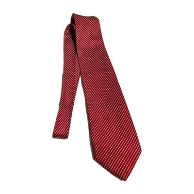 Gravata BRIONI vermelha com listras brancas lápis 3,5" cetim seda pescoço - Imagem 1 de 4