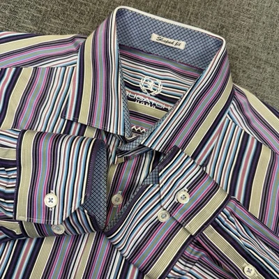 Bugatchi Shirt Men’s Large Striped Sharped Fit Button Up Flip Cuff Multicolor - Image 1 of 4