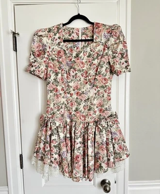 Vintage Byer Too! 80s Party Prom Dress Drop Waist Floral Lace Cottagecore 90s - Image 1 of 4