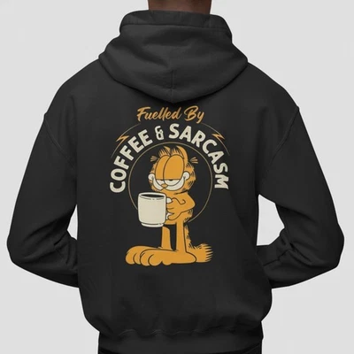 Garfield Hoodie Fuelled by Coffee and Sarcasm Funny Lazy Cat Retro Graphic Top - Image 1 of 4