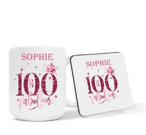 Personalised 100th Birthday Gift 100 Gift Pink Mug, Coaster or Mug & Coaster Set - Picture 1 of 6