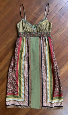 Vestido de Seda Colección Nicole Miller Y2K Talla 0 Tonos Tierra Metálico Dorado Imperio Foto 1 de 4