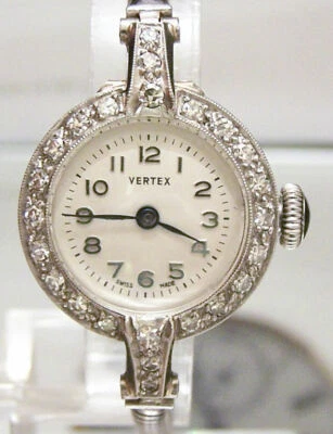 ANTIQUE VINTAGE 1950'S VERTEX REVUE SOLID PLATINUM & DIAMOND WATCH & GOLD BAND - Image 1 of 4