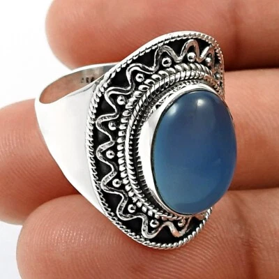 Anillo bohemio de moda de plata de ley 925 calcedonia azul natural talla 9 joyería Foto 1 de 4