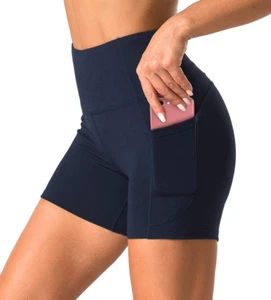 High Waist Yoga Shorts for Women with 2 Side Pockets Tummy Control Running Home - Picture 1 of 12