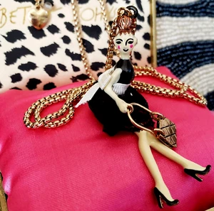 Vinatge Betsey Johnson Paris Is Always A Good Idea Girl Doll Lace Dress Necklace - Picture 1 of 13