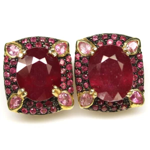 925 Sterling Silver Red Ruby & Pink Tourmaline Earrings 18K Gold - Picture 1 of 4