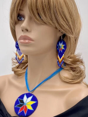 Juego de aretes collar 4 direcciones medallón azul profundo con cuentas hechos a mano S58/14 Foto 1 de 3