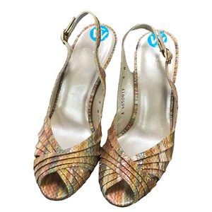 Stuart Weitzman Womens High Heels Peep Toe Snakeskin AUTUMN TWEED Wicky Size 8 - Picture 1 of 12