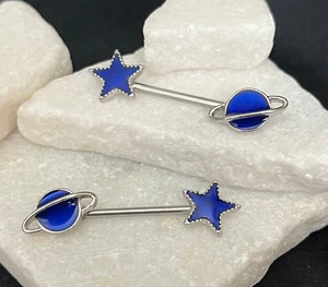 PAIR Saturn & Star Nipple Rings Shields Surgical Steel Barbells Galaxy Planet - Picture 1 of 2