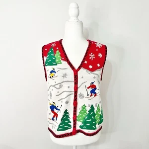 Lord & Taylor Ski Winter Holiday Knit Sweater Vest XL Button Front Festive VTG - Picture 1 of 13