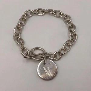 Sterling Silver 925 ROLO Chain Link Charm Bracelet w Letter " M " Engraved 7" - Picture 1 of 6