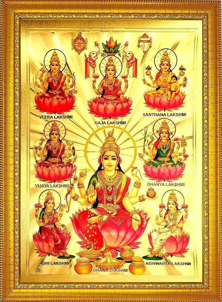 Hindu Göttin Ashta Lakshmi Bilderrahmen Plakat Religiös Wand Dekoration - Bild 1 von 2