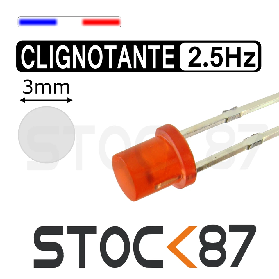 SK87 236DR# 10 à 100pcs LED rouge diffusant cylindrique 3mm clignotante rapide 2,5Hz