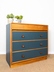Vintage Mid-Century Light Oak & Blue Painted Meredew Chest of Drawers 1950's