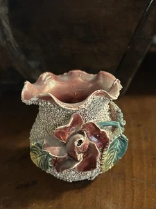 Vintage Sand Majolica Pottery Vase Floral 3 Inch - Picture 1 of 6