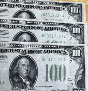 1934 $100 Federal Reserve Note Consecutive Serial Number New York - Lot Of 3 - Picture 1 of 9