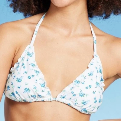 Wild Fable ruffle triangle Floral Bikini Top - White and Blue XS NWT romantic - Image 1 of 4