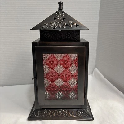 Tin Candle Lantern With Red Glass Made In India (Copper & Brown Color) - Image 1 of 4