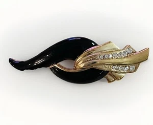 Vintage Black Enamel Swirl Brooch Pin Gold Tone Rhinestone - Picture 1 of 4