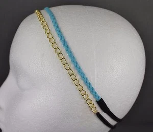 Gold chain link headband Blue faux leather braid thin skinny narrow 2 pack - Picture 1 of 4
