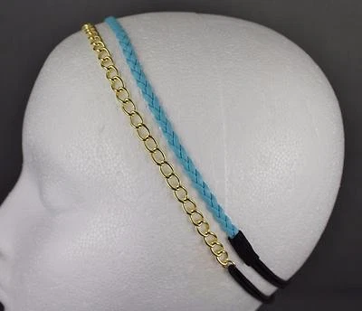 Gold chain link headband Blue faux leather braid thin skinny narrow 2 pack - Image 1 of 4