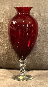 Vintage Empoli Italy Art Glass Red Vase w/Twisted Clear Stem & Foot 9” Tall. - Picture 1 of 7