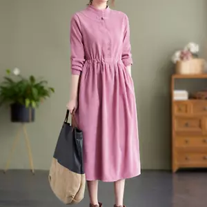 Women Ethnic Corduroy Dress Retro Long Sleeve Asian Midi Frog Button Dress Loose - Picture 1 of 16