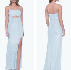 Xscape Sequin Maxi Long Evening Dress Gown Cutout Slit Blue 8 SLIGHT FLAWS J422 - Picture 1 of 15