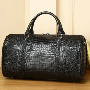 Bolso de Lona Grande Negro Cuero Genuino para Gimnasio, Bolso de Equipaje de Viaje con Patrón de Cocodrilo - Imagen 1 de 8