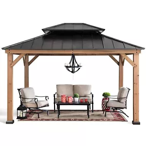 Sunjoy Bridgeport 11 x 13 ft. Patio Cedar Framed with Black Double Steel Hardt - Picture 1 of 14