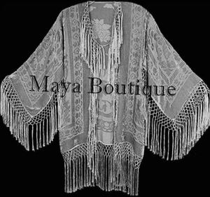 Silver Gray Fringe Jacket Kimono Silk Burnout Velvet Short Maya Matazaro USA - Picture 1 of 1