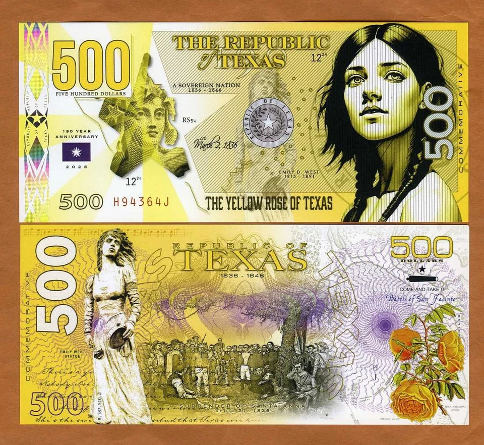 Republic of Texas, $500, Polymer, ND (2024) UNC Yellow Rose of Texas, Emily West - Image 1 of 1