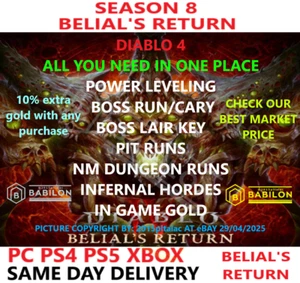 SEASON 9 DIABLO 4 POWER LEVELING GLYPH BELIAL DURIEL ✅PC PS4 PS5 XBOX✅ DIABLO IV - Picture 1 of 140