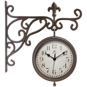 Wall Clock/ Thermometer Double-Sided Weathered Brown Black Antique-Style Hands - Picture 1 of 5