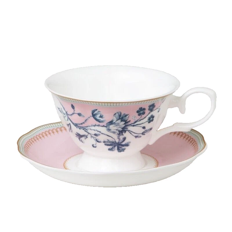 Fine Bone China Blue Rose Toile Pink Coffee Cups and Saucers, Set of 4 - Image 1 of 1