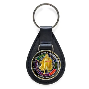 Put on the Whole Armor of God Black Leather Keychain Silver Keyring Military - Picture 1 of 3