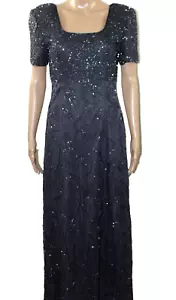 Maxi Vestido Formal Scala Gris Negro Cuentas Cuello Cuadrado Mangas Cortas Seda L - Imagen 1 de 12