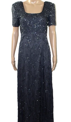Scala Gray Black Beaded Formal Maxi Dress Square Neck Short Sleeves Silk L - Image 1 of 4
