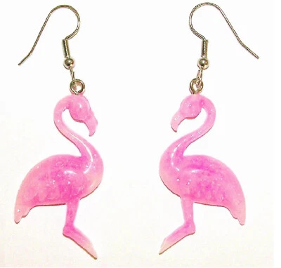 Pink Flamingo Earrings, Glitter, Drop Dangle — 第 1/4 张图片