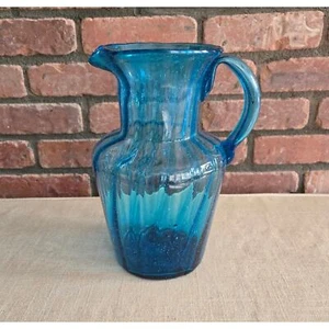Vintage Hand Blown Blue Glass Pitcher Vase - Bild 1 von 10