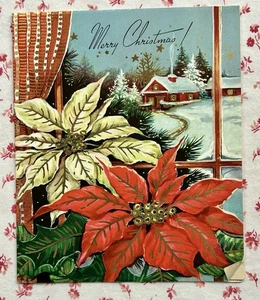 Tarjeta de felicitación vintage de mediados de siglo escena de nieve de Navidad en relieve dorado de flores de pascua - Imagen 1 de 5
