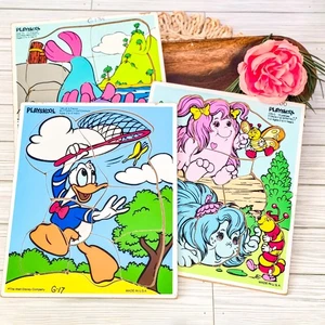 🧩 Bundle of 3 Vintage Playskool Wooden Tray Puzzles Wuzzles Disney Snugglebumms - Picture 1 of 9
