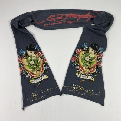 Ed Hardy Scarf Womens One Size Gray California Tattoo Girl Graphic Christian - Image 1 of 4